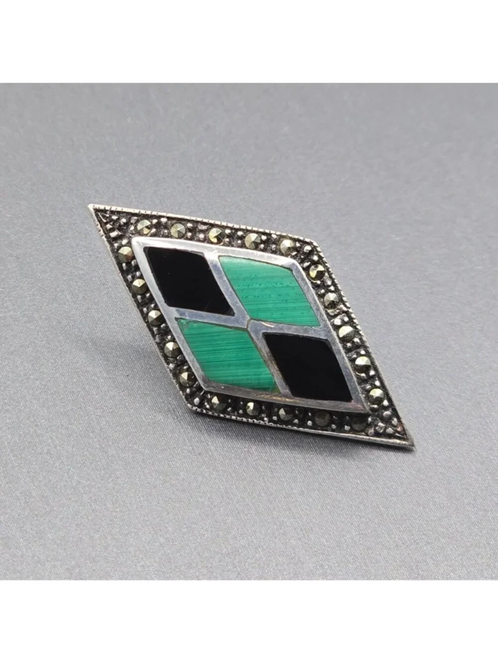 Sterling Silver Malachite Onyx Inlay Earrings Marcasite Border Artisan Signed A - Picture 3 of 12